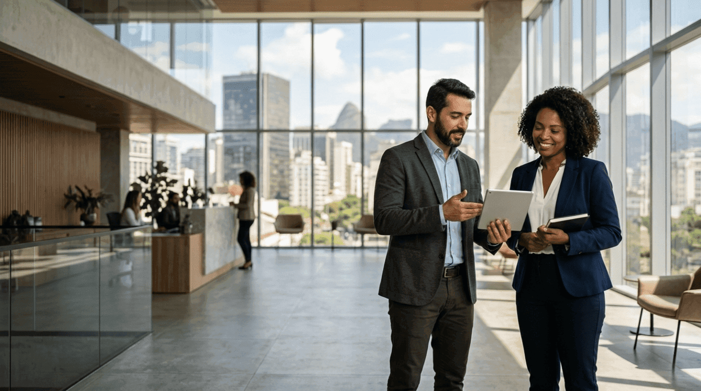 Empresário e empresária no saguão de um escritório. O homem mostra discretamente a tela de um tablet para a mulher, que sorri cordialmente e demonstra tranquilidade.